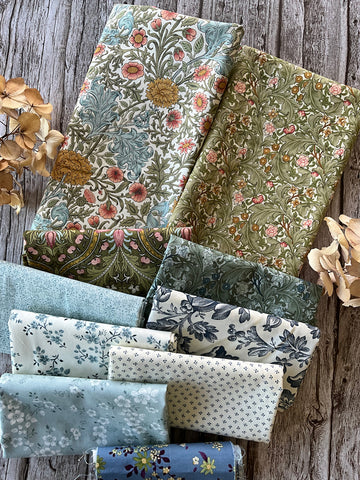 Beautiful bundle of green and blue fabrics from 3 Sisters and Barbara Brackman