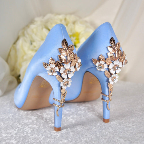 Beautiful Blue Suede Wedding Shoes withSsilver 'Cherry Blossom', Embellished Bridal Shoes, Wedding Heels for Bride
