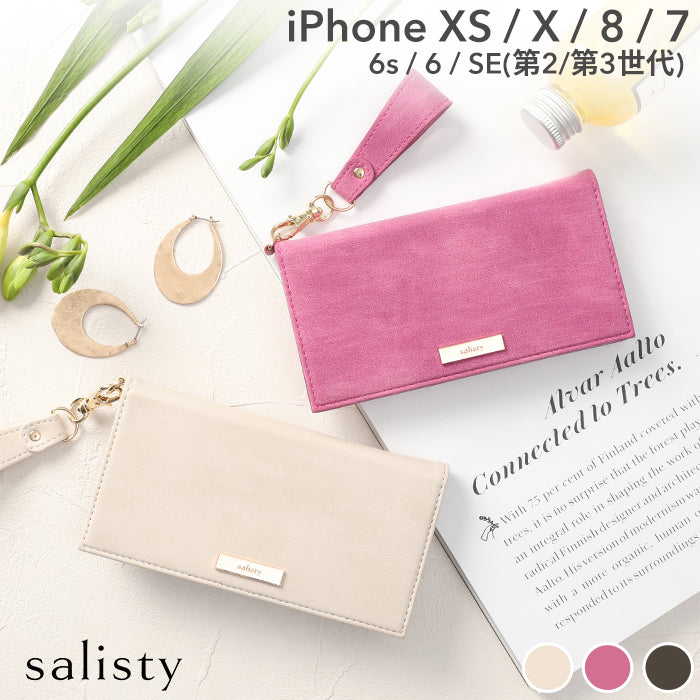 [iPhone XS/X/8/7/6s/6/SE(第2/第3世代)/マルチタイプ専用]salisty(サリスティ)スエード×メタルロゴダイアリーケース