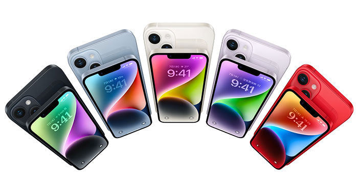 iPhone14のカラーは全5色。ミッドナイト（ブラック）、ブルー、スターライト（ホワイト）、パープル、(PRODUCT)RED
