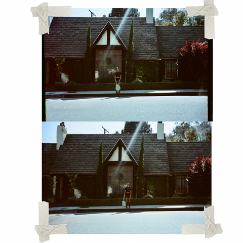 Collage of Californian girl standing in front a gothic Beachwood Canyon home