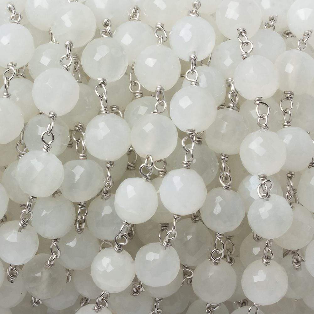 6.5mm White Moonstone faceted round .925 Silver Chain by the foot 24 pieces