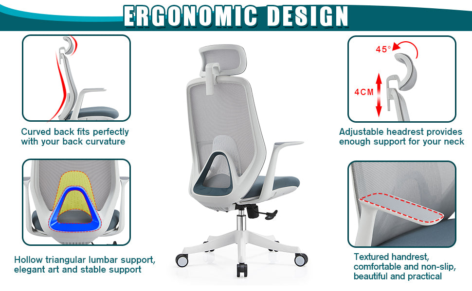 VOFFOV® Ergonomic Office Chair with Adjustable Headrest Lumbar Support