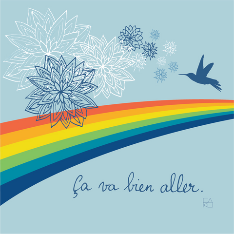 Illustration with rainbow, flowers and hummingbird. All Shall Be well by Carolina Reis 2021