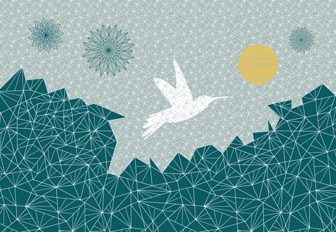 Hummingbird with sun and stars on a network landscape