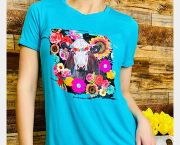 Turquoise Tshirt with Cow and Floral