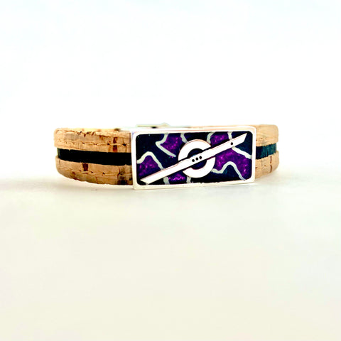 Stoke Saver hand-painted bead in Baltimore Raven's colors of metallic purple, black, and white pin-stripes, black inlay in cord cordage