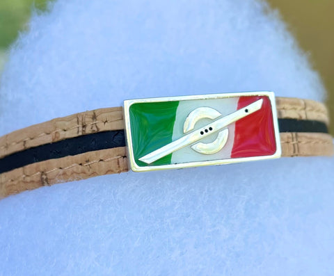 Stoke Saver bead painted with colors of the Italian Flag; green, white, red with cork cordage that has a black inlay