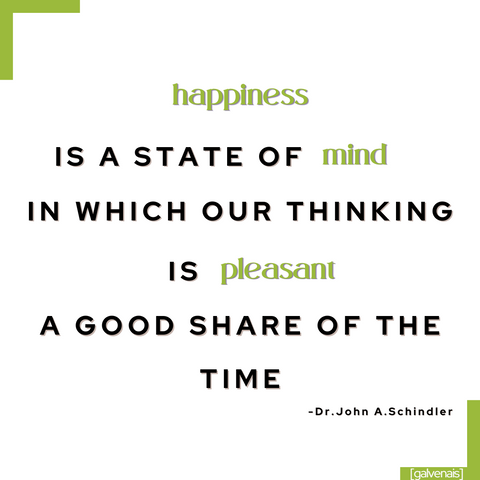 happiness is a state of mind in which our thinking is pleasant a good share of the time a quote by Dr. john Schindler on galvenais brainfood brain health longevity memory energy supplement bars