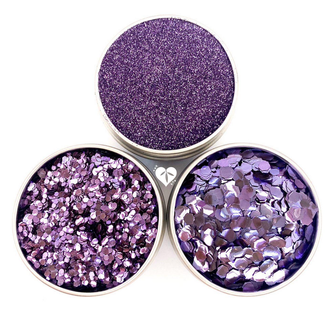 Trio of aluminium pots filled with purple biodegradable glitter in three individual flake sizes. Fine, chunky and ultra chunky glitters.