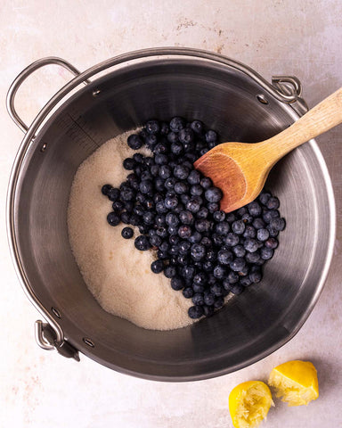 Blueberries and sugar in a pan
