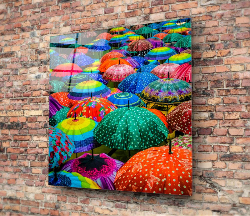 Colorful Umbrellas Glass Print Wall Art