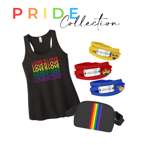 love is love tank top, rainbow bracelets, rainbow belt bag