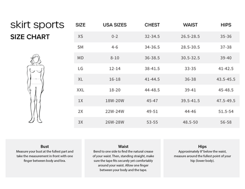 Size Chart For Women's Athletic Clothing - Skirt Sports