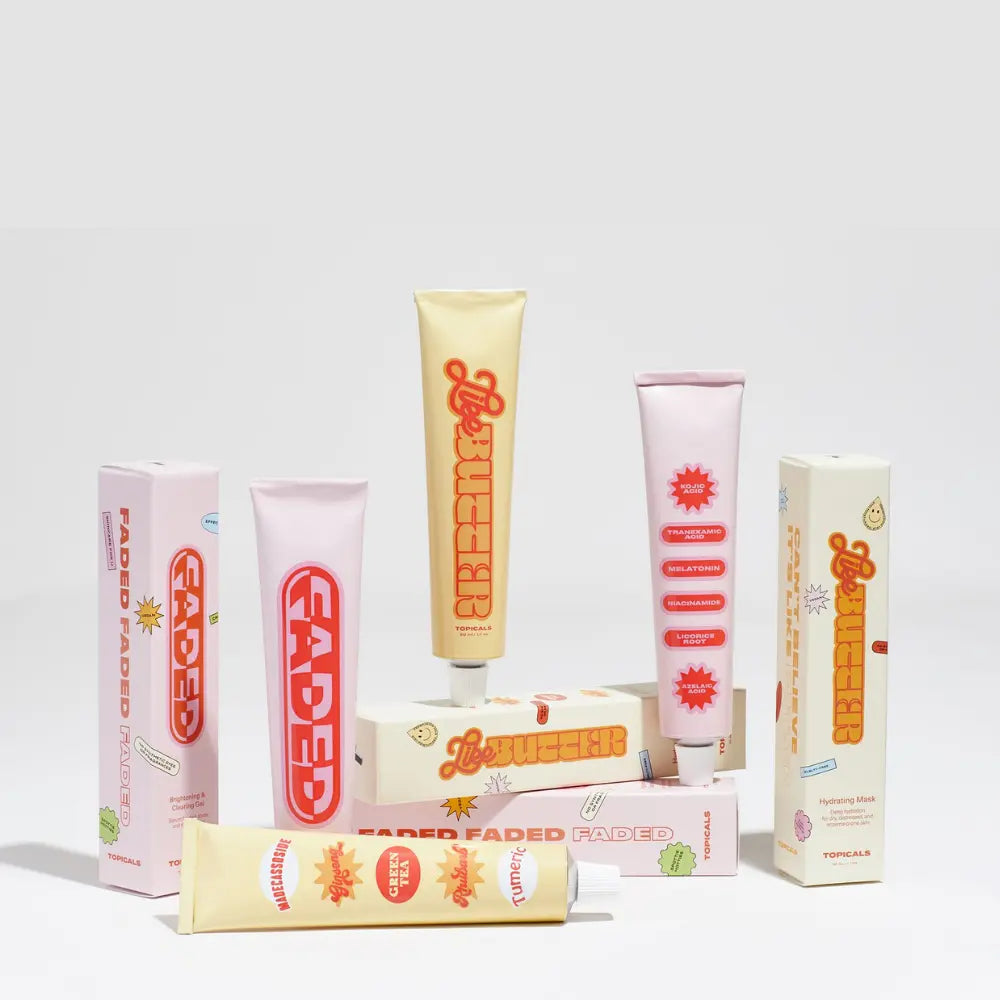 Cleanser for oily skin and moisturizer products from Topicals, including Faded and Like Butter tubes and boxes