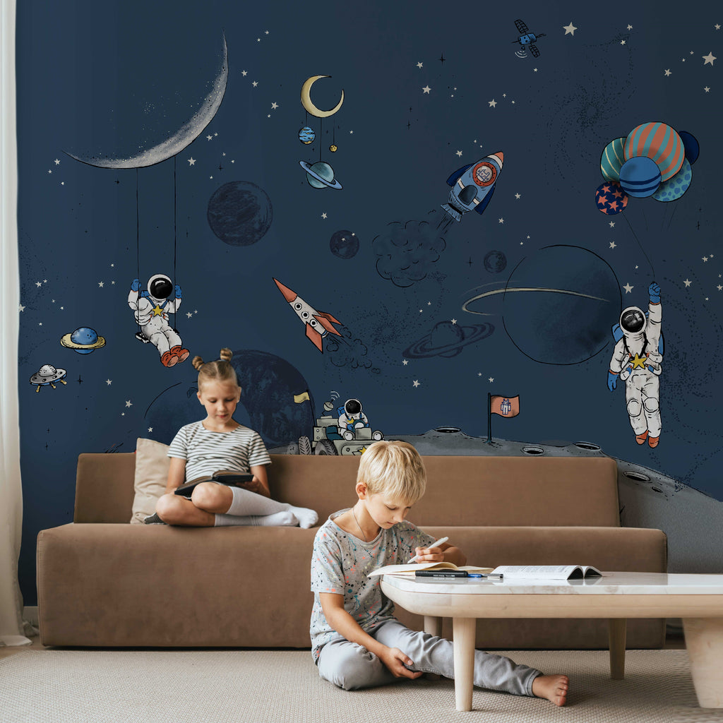 verticaal binnenkomst getuige Astronauten behang - Wandgrote afbeelding - INTO THE GALAXY dark – Annet  Weelink Design