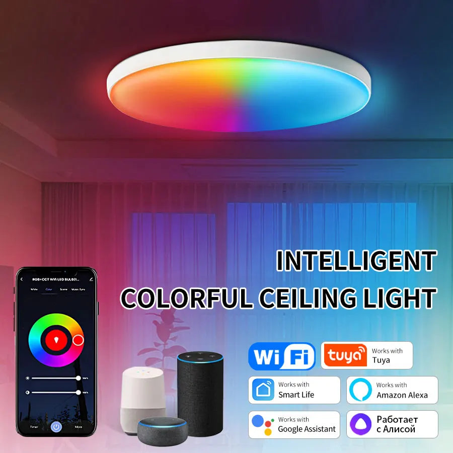 Tuya WiFi Smart LED Ceiling Light 220V RGB Dimmable Ceiling Lamp Bluetooth Round Ceiling Lamp Smart Home Support Alexa Google