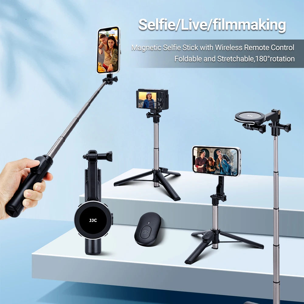 JJC Magnetic Selfie Stick with Wireless Remote Control Handheld Stabilizer with Tripod selfie Stick Folding Gimbal for iPhone 14
