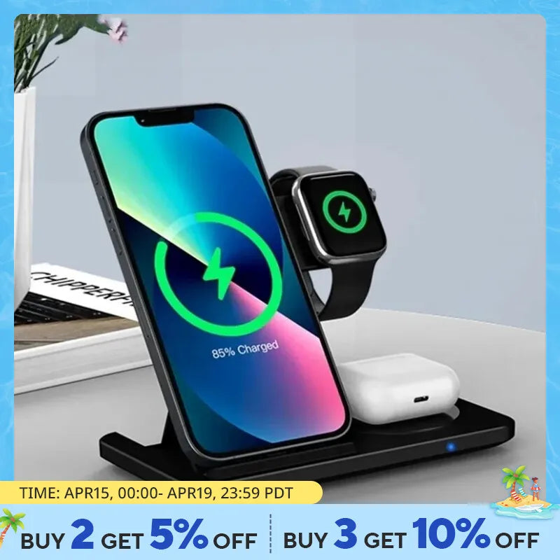 3 in 1 Wireless Charger Stand Pad For iPhone 15 14 13 12 X Max Foldable Fast Charging Station Dock For IWatch 8 7 SE AirPods Pro