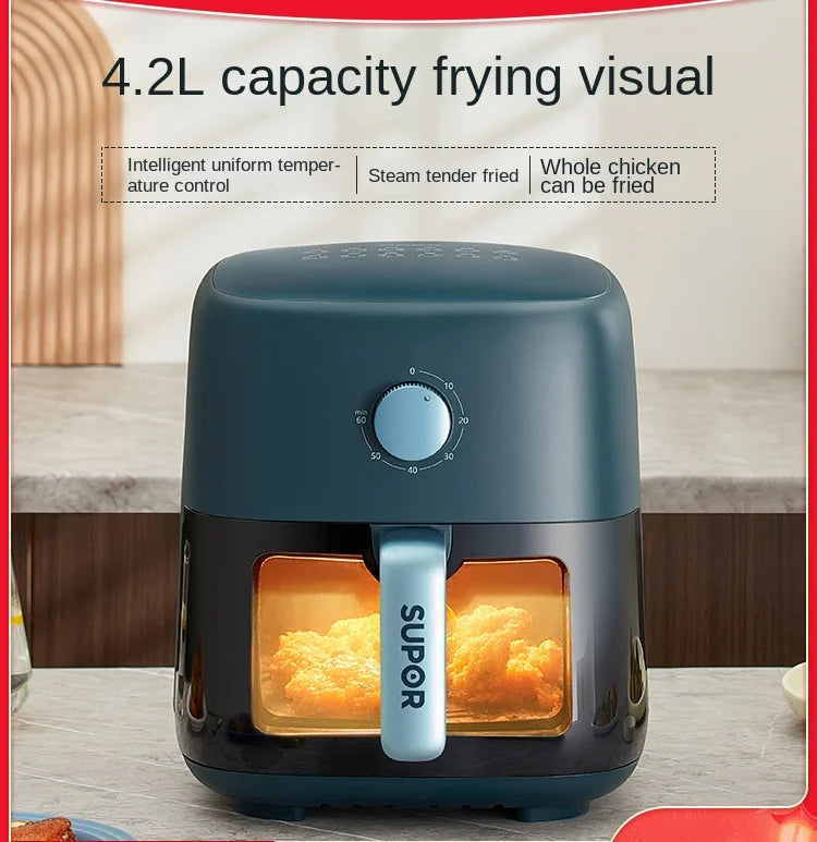 Supor can see air fryer household 4.2L large capacity steam tender frying automatic multi-functional glass electric fryer baking