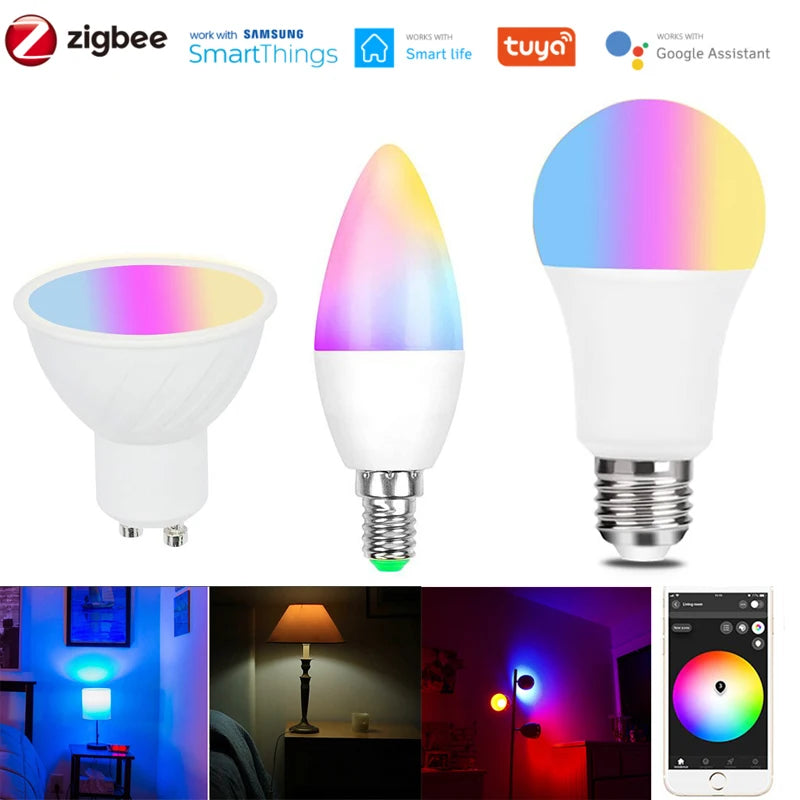 ZigBee 3.0 LED Bulb E27 E14 GU10 RGB RGBCCT LED Lamp Home Dimmable Light Tuya Smart Life APP Voice for Smartthings Alexa Google