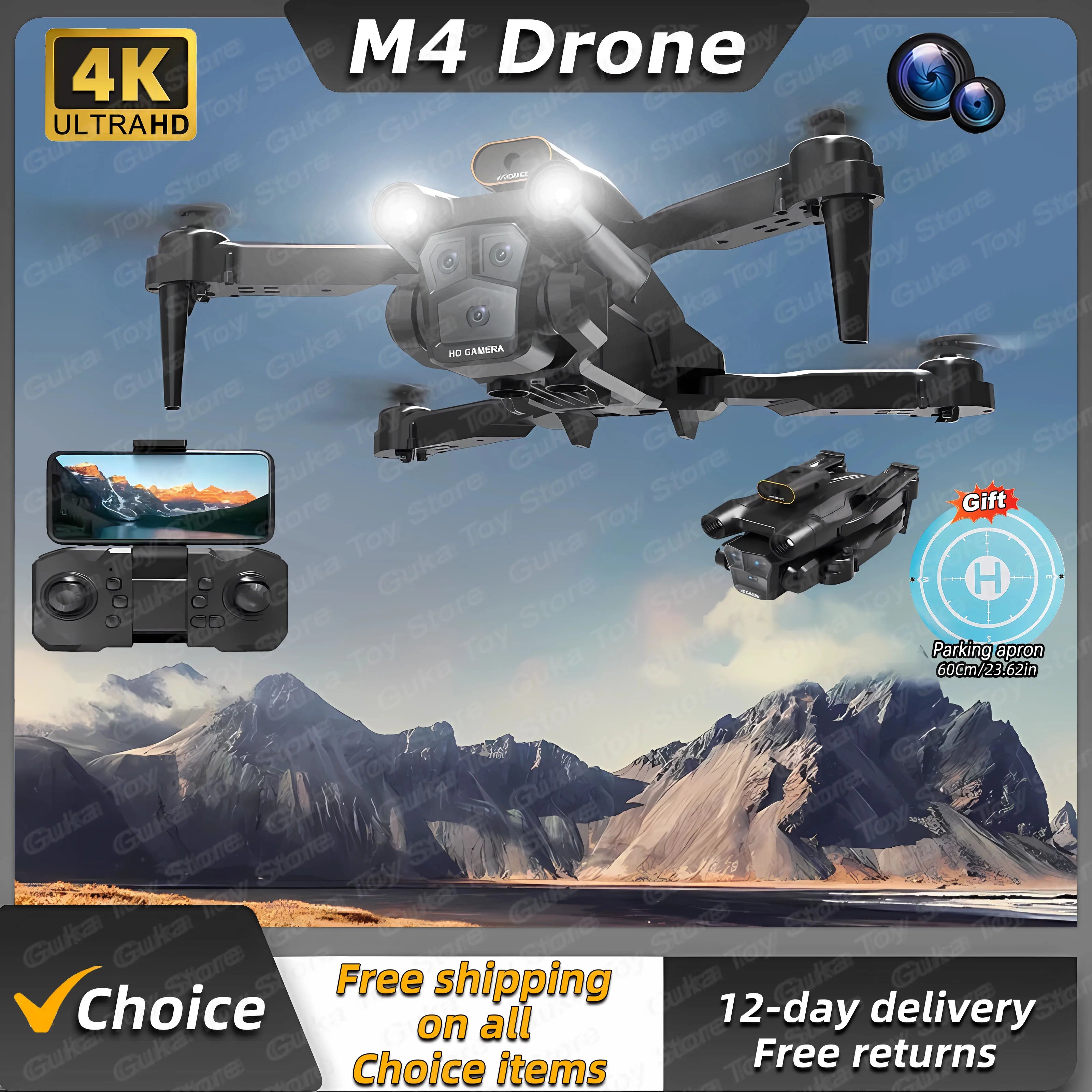 M4 RC Drone 4K Professinal with Wide Angle Triple HD Camera Foldable Remote Control Helicopter WIFI FPV Height Hold Apron Sell