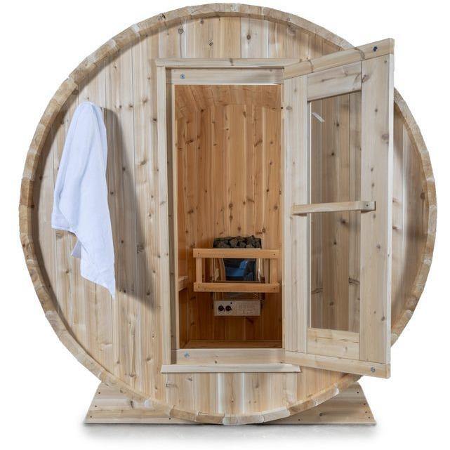 Dundalk 4-Person White Cedar Harmony Outdoor Barrel Sauna CTC22W – Zen  Saunas