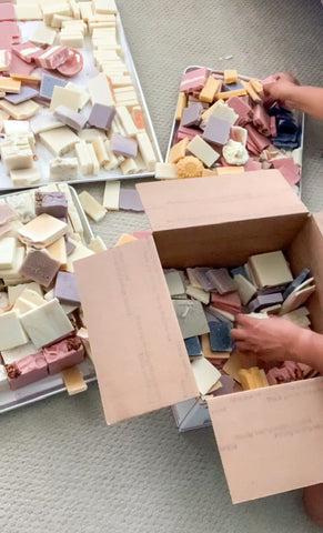 Soap scraps in tray and box