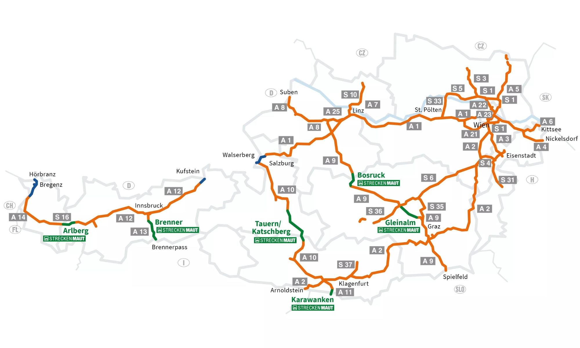 Mapa płatnych dróg w Austrii