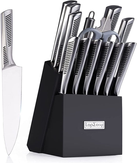 Emojoy Knife Set with Block, 15 Pieces Kitchen Knife Set with Built-in  Sharpener, German Stainless Steel Sharp Chef Knife Set with Hollow Handle