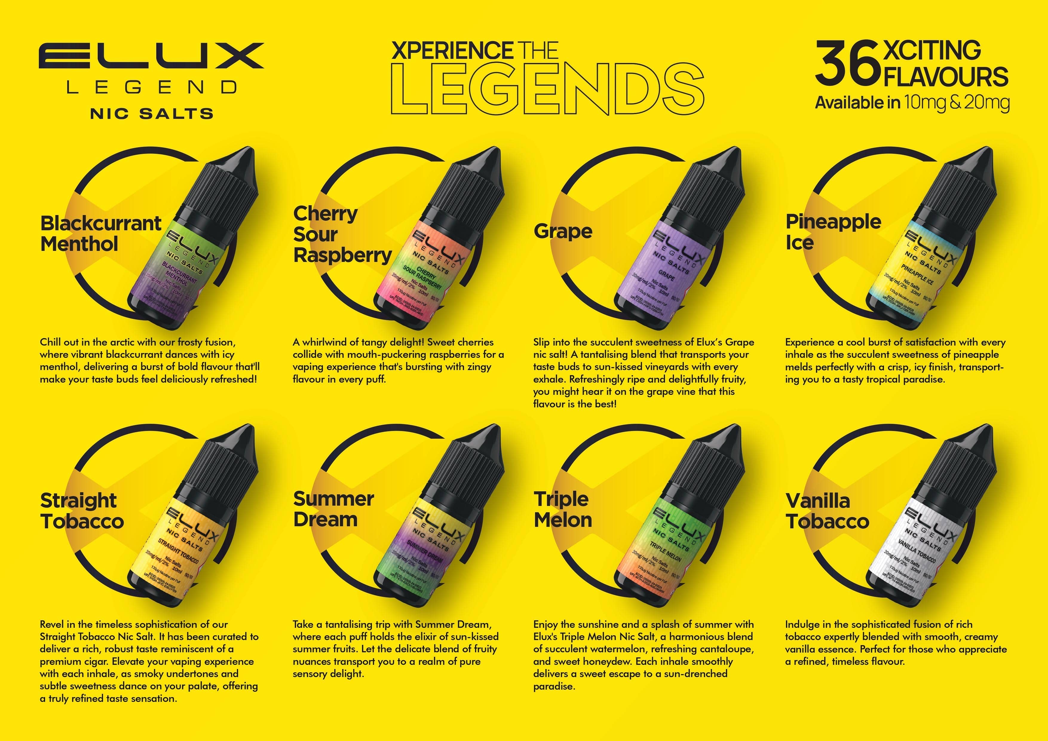 Elux Legend Nic Salt E-Liquids Tasty Flavours