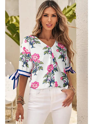 Floral Bubble Sleeve Blouse - Branded Boro Boutique