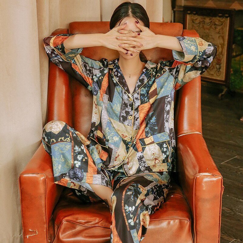 woman in artistic printed pajamas