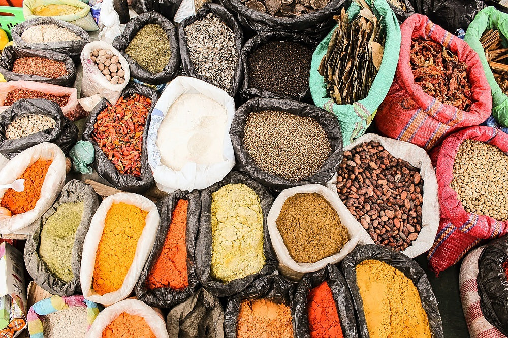 bags of spices of all colors