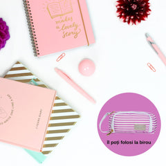 Agende Paperie culoare roz si Penar Geeksta Design Dungi Lila/Albe