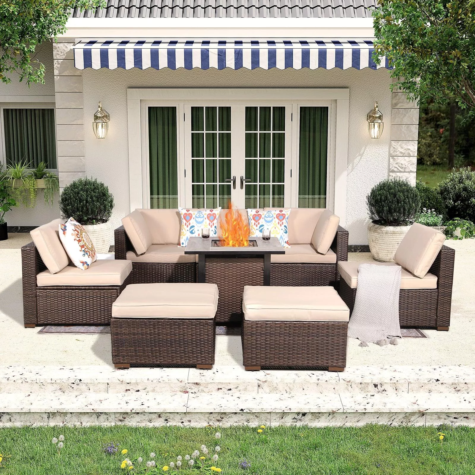 8pcs Patio Fire Pit Set Wicker Outdoor Sectional With Fire Pit Table