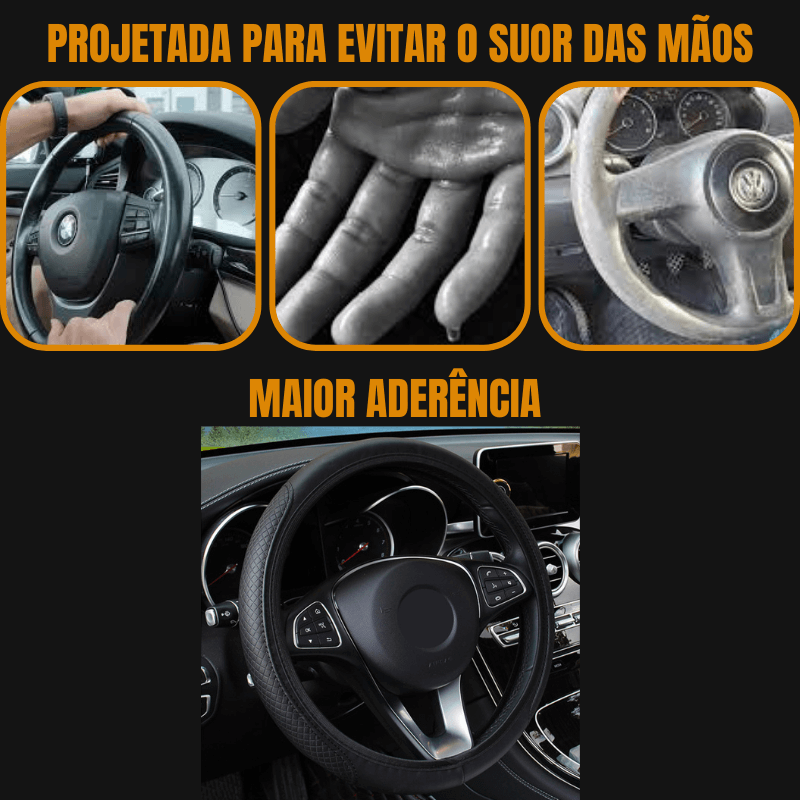 Chega de mãos suadas enquanto dirige.  Com seu Material Anti Suor, a capa de volante traz uma sensação muito mais confortável de dirigir e evita que as mãos escorreguem protegendo você e sua família.