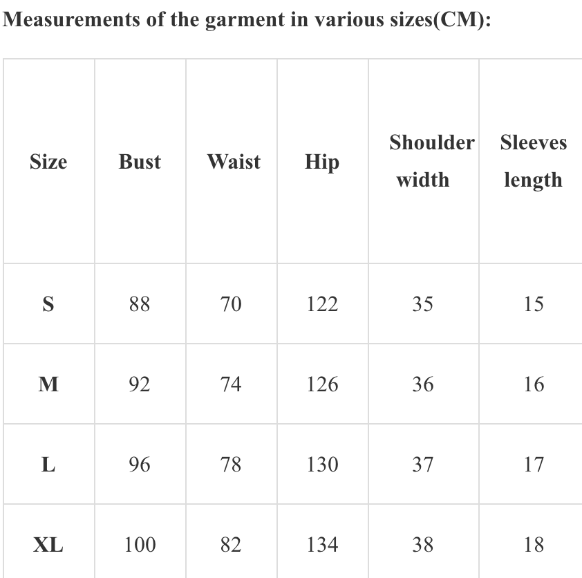 Measurements of the garment in various sizes(CM)