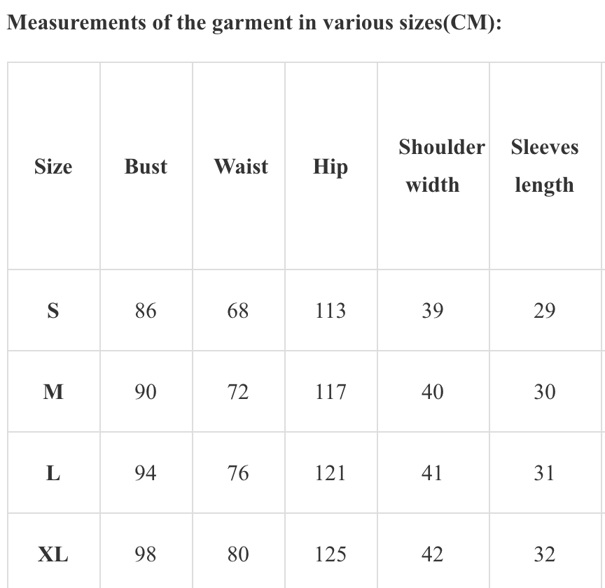 Measurements of the garment in various sizes(CM)