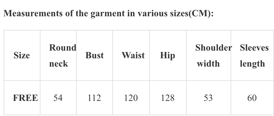 Measurements of the garment in various sizes(CM)