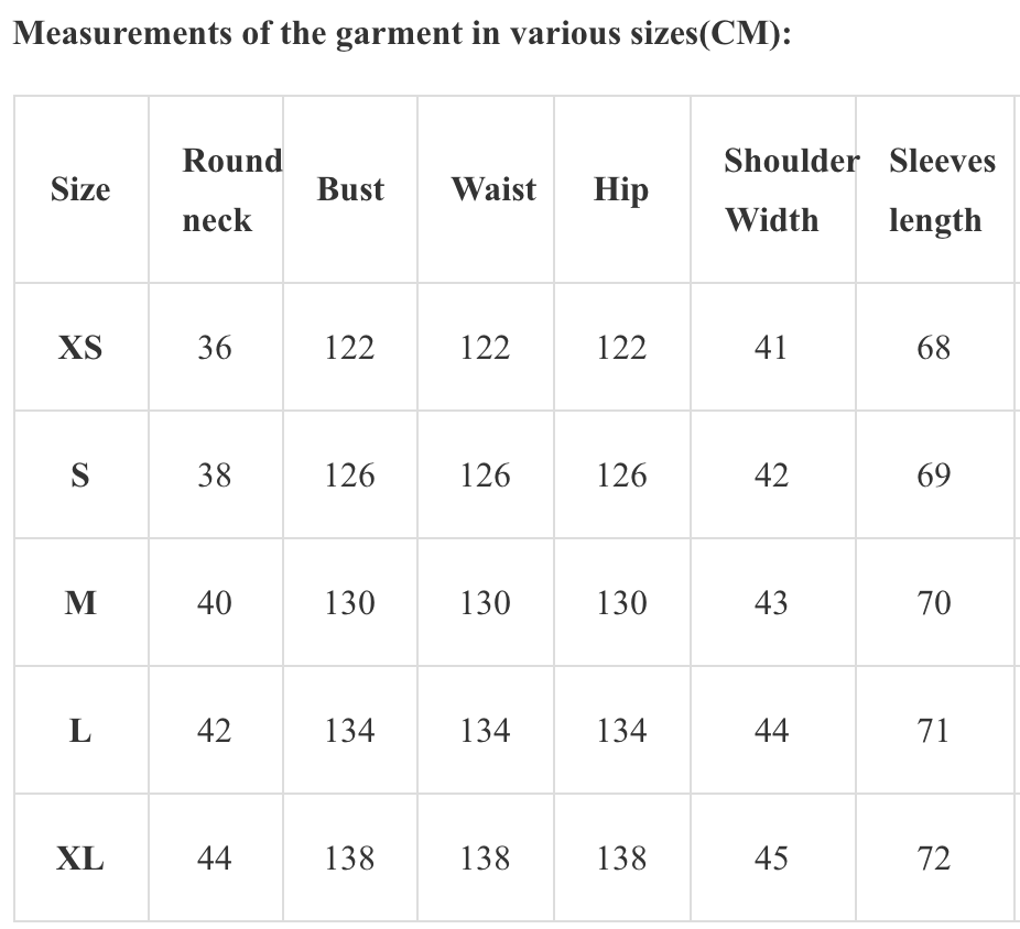 Measurements of the garment in various sizes(CM)
