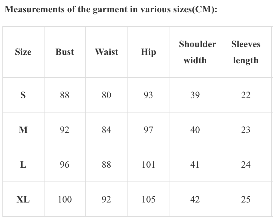 Measurements of the garment in various sizes(CM)