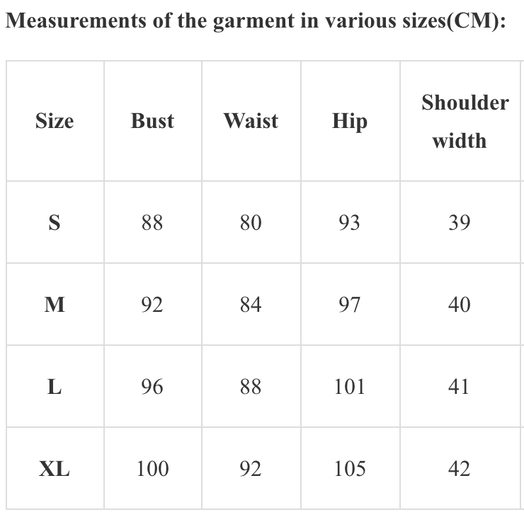 Measurements of the garment in various sizes(CM)