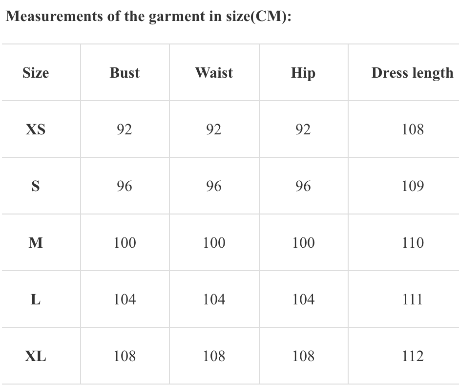 Measurements of the garment in various sizes(CM)