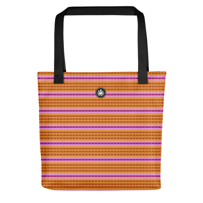 Stripped orange, purple and pink tote bag, inspired by the Purple-Ringed Top Snail, Thalassas logo at top. 