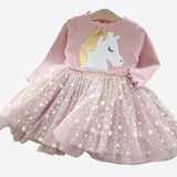 LZH® Autumn Long-sleeved Dress Crown Pony Star Mesh Stitching Casual Dress - LZH Fashion Kids