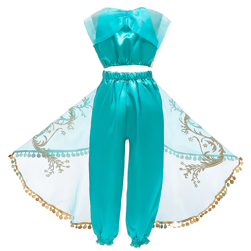 LZH® Halloween Costume Sequined Top + Skirt Pants 2-Piece Cosplay Sexy Aladdin Magic Lamp Girl Princess Dress - LZH Fashion Kids