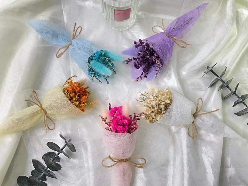 Five different colorful cotton wrapped Dried Flower bouquet.