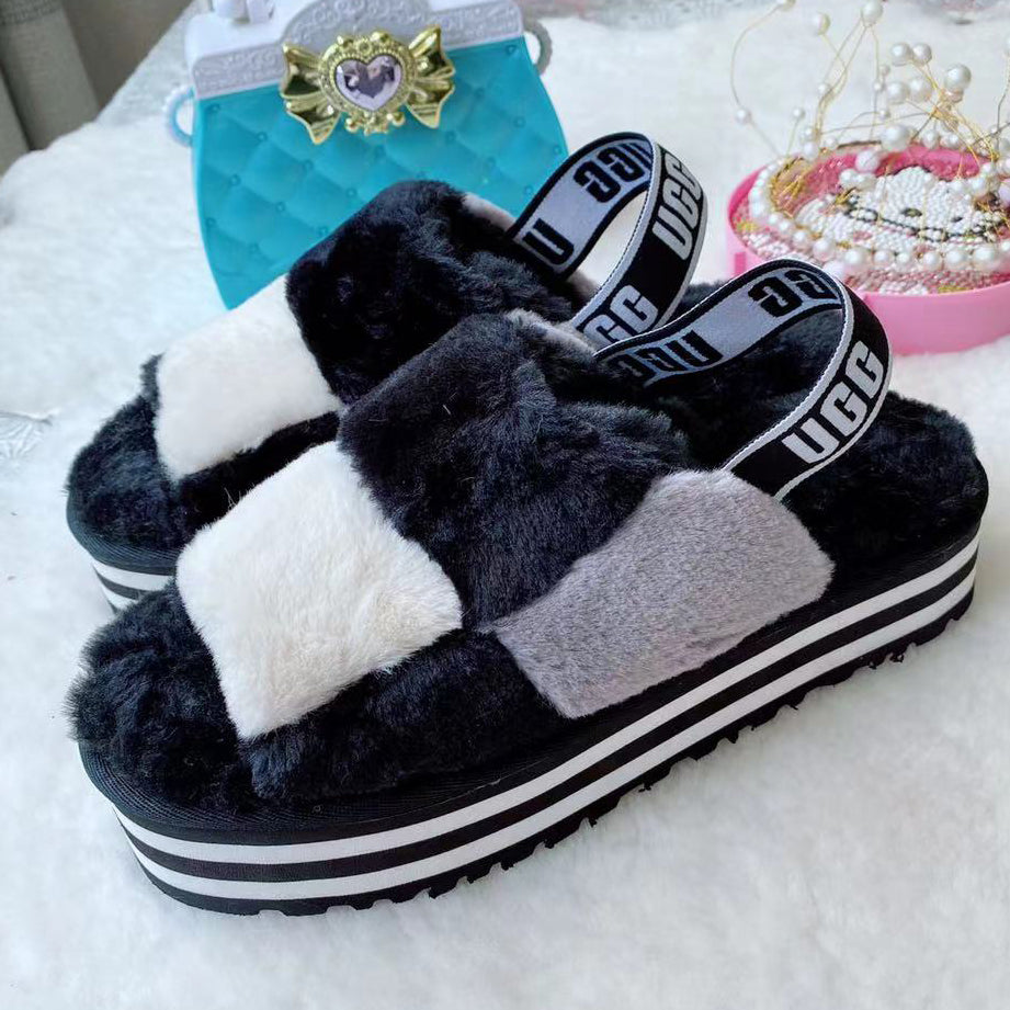 UGG fashion ladies shoes plaid plush sandals non-slip elastic belt platform slippers