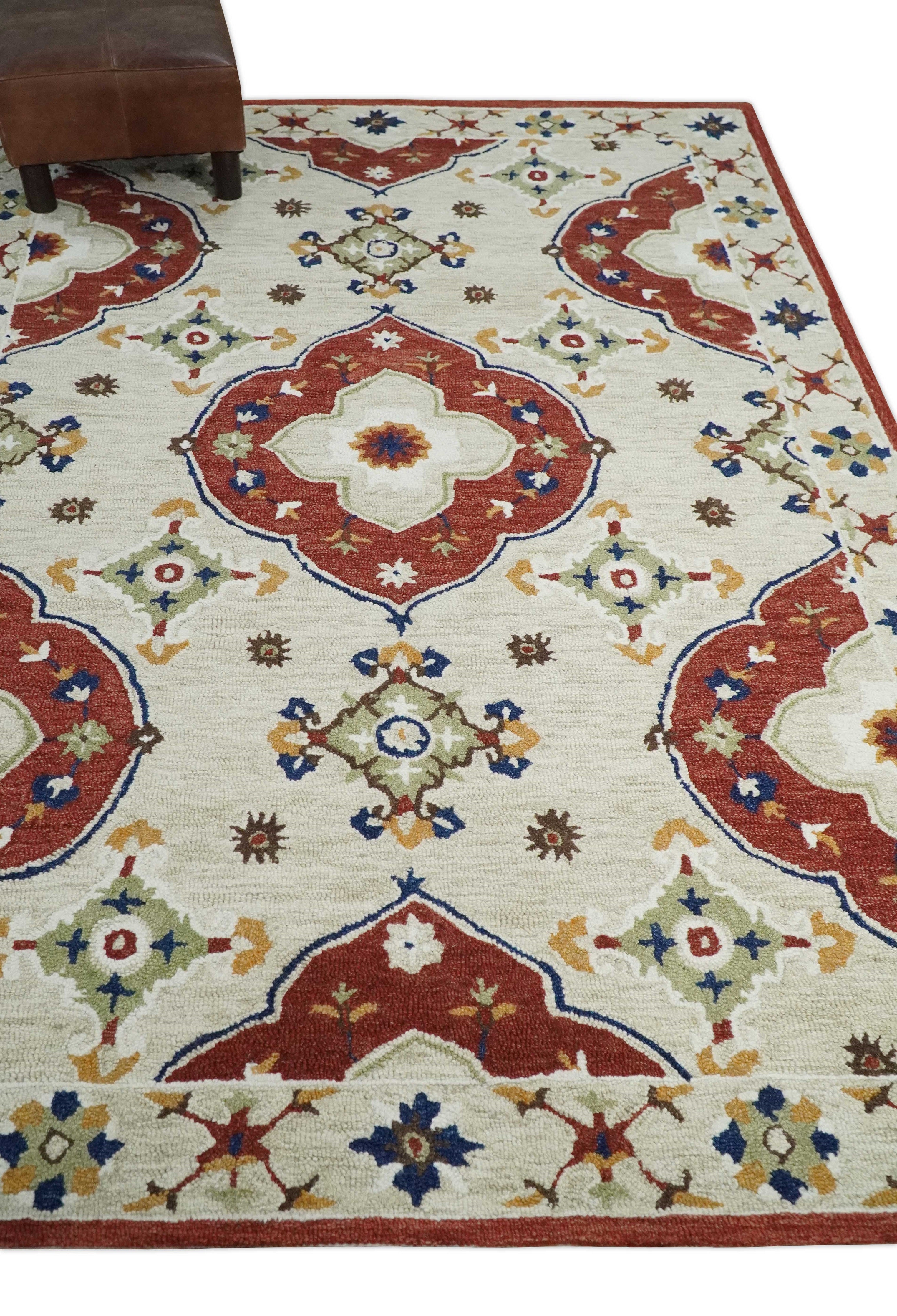 Custom Made Ivory, Maroon, Olive And Blue Hand Tufted  Wool Area Rug
